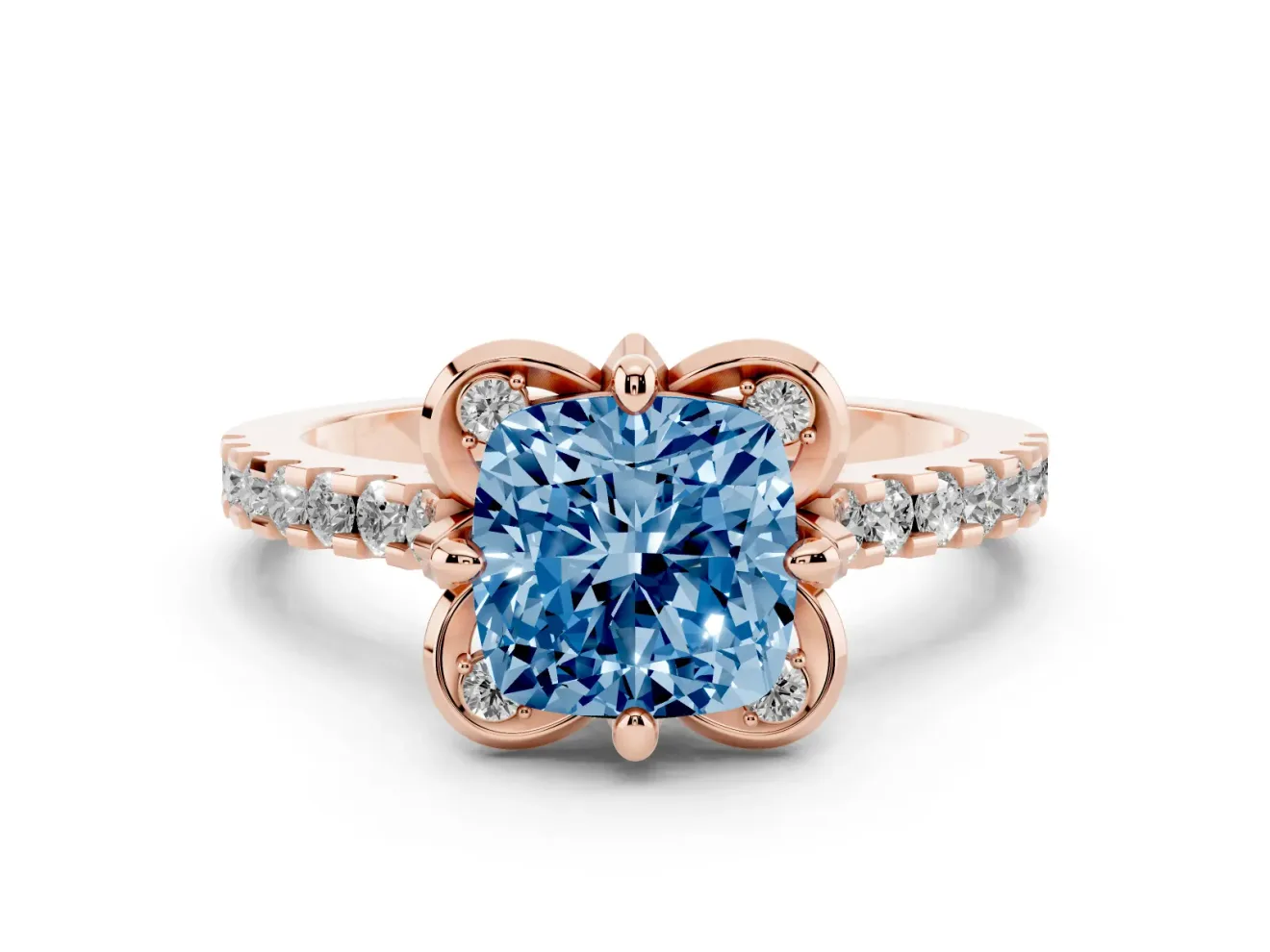 Cushion Cut Floral Petal Engagement Ring Setting for a Fancy Blue Lab-Grown Diamond | Petal Accents | Rose Gold