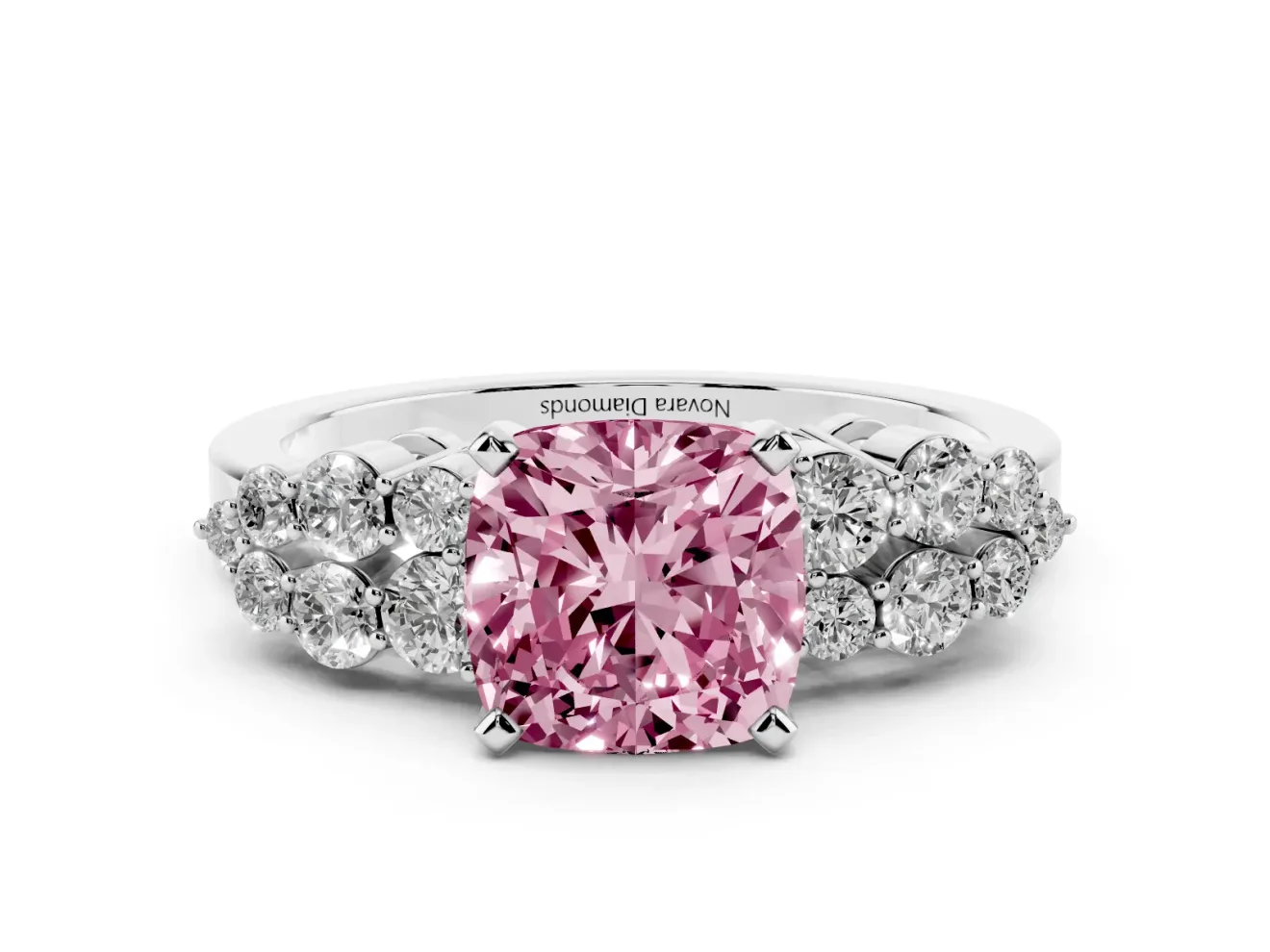 Fancy Pink Cushion Cut Diamond Cluster Engagement Ring Set in Platinum with Pavé Band and Prong Setting