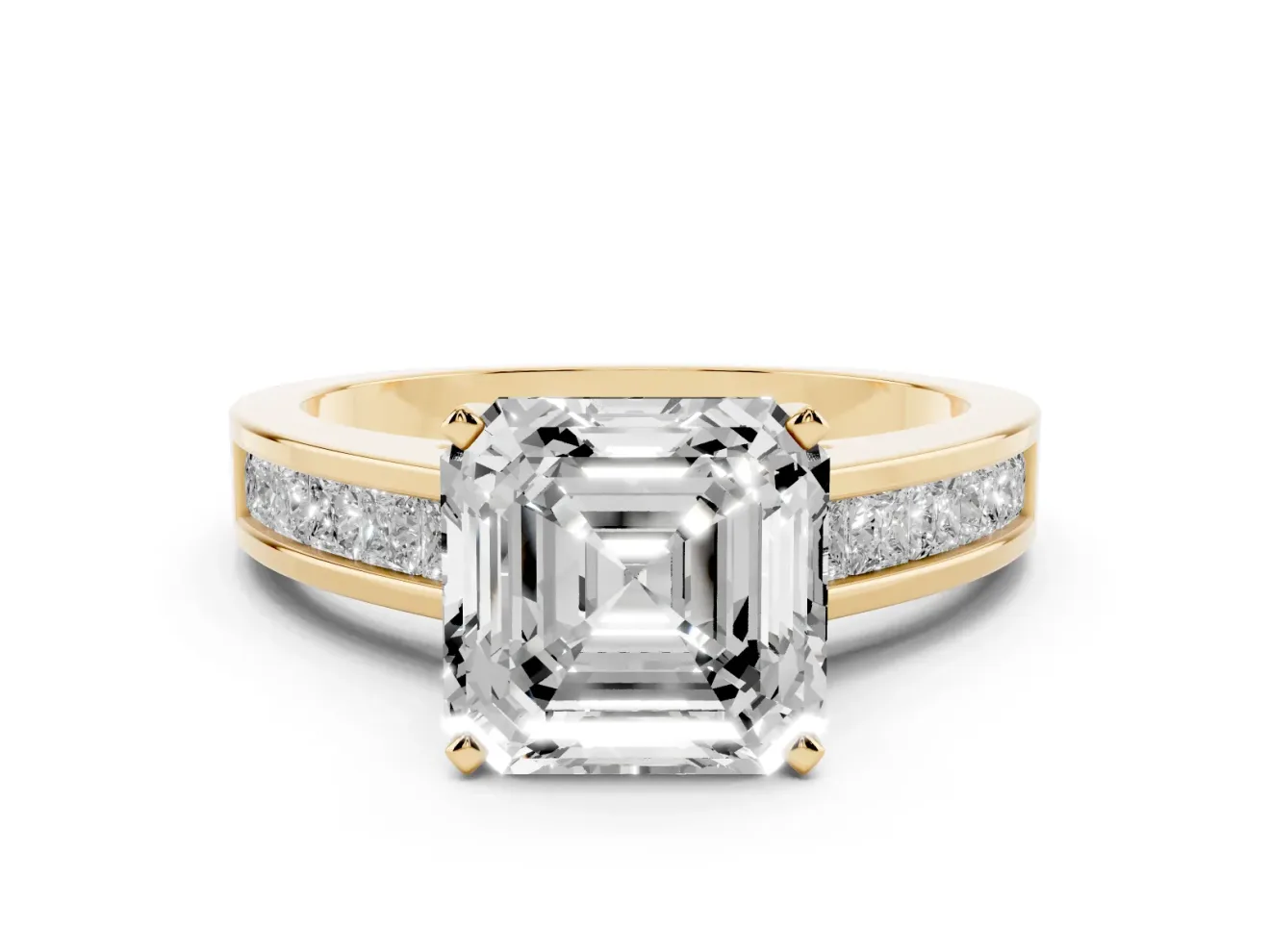 Asscher Cut Diamond Solitaire Ring Set in Yellow gold with Channel-Set Band and Prong Setting