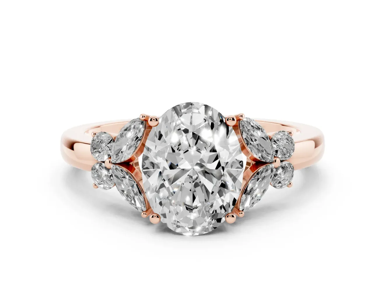 Oval Petal Accent Engagement Ring Setting | Marquise and Round Sides | Rose Gold