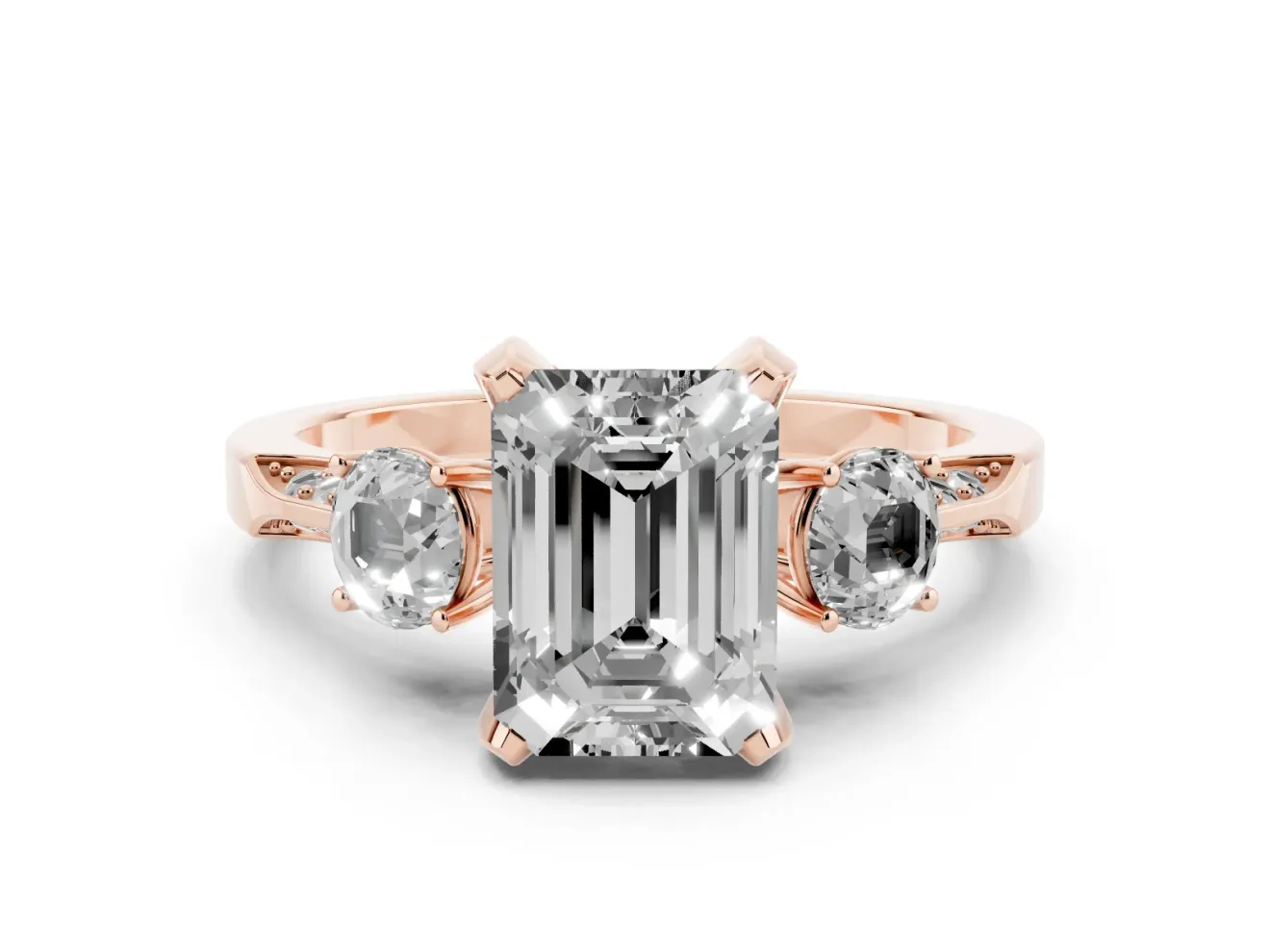 Emerald Cut Hidden Halo Three Stone Engagement Ring Setting for a Fancy Yellow Lab-Grown Diamond | Rose Gold
