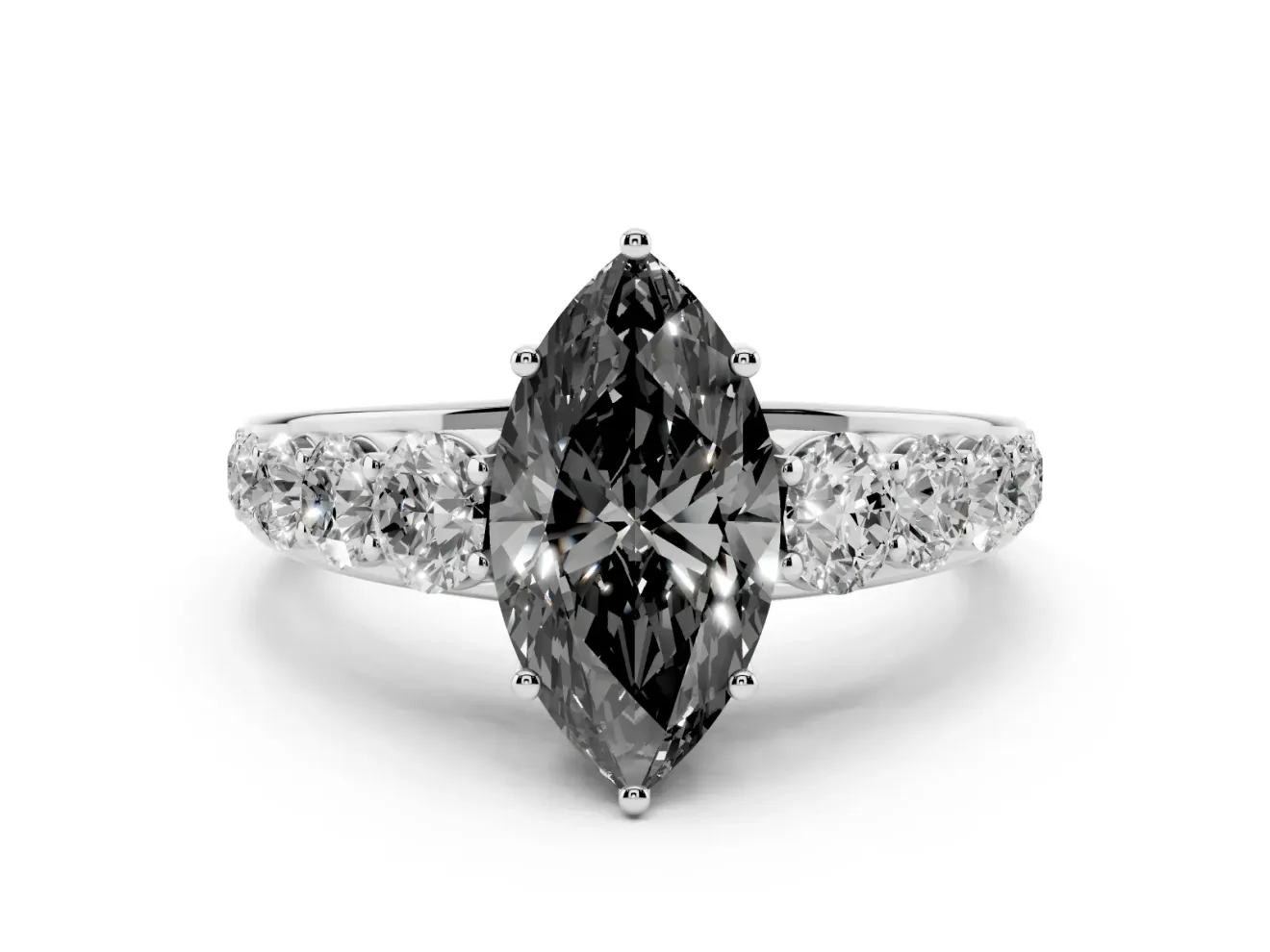 Marquise Graduated Side Stone Engagement Ring Setting for a Black Center | Flat Top Band | Sterling Silver