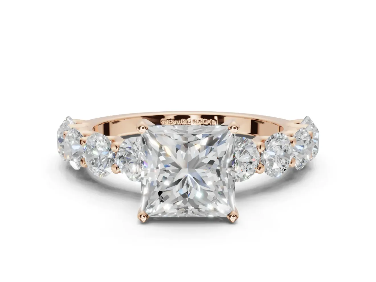 Princess Cut Side Stone Engagement Ring Setting | Scalloped Prong Accents | Rose Gold