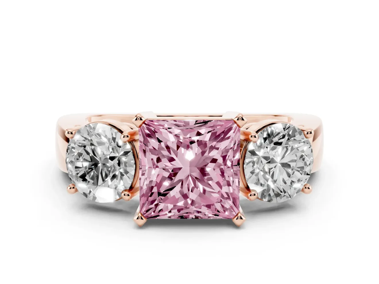 Princess Cut Three Stone Engagement Ring Setting for a Fancy Pink Lab-Grown Diamond | Wide Plain Band | Rose Gold
