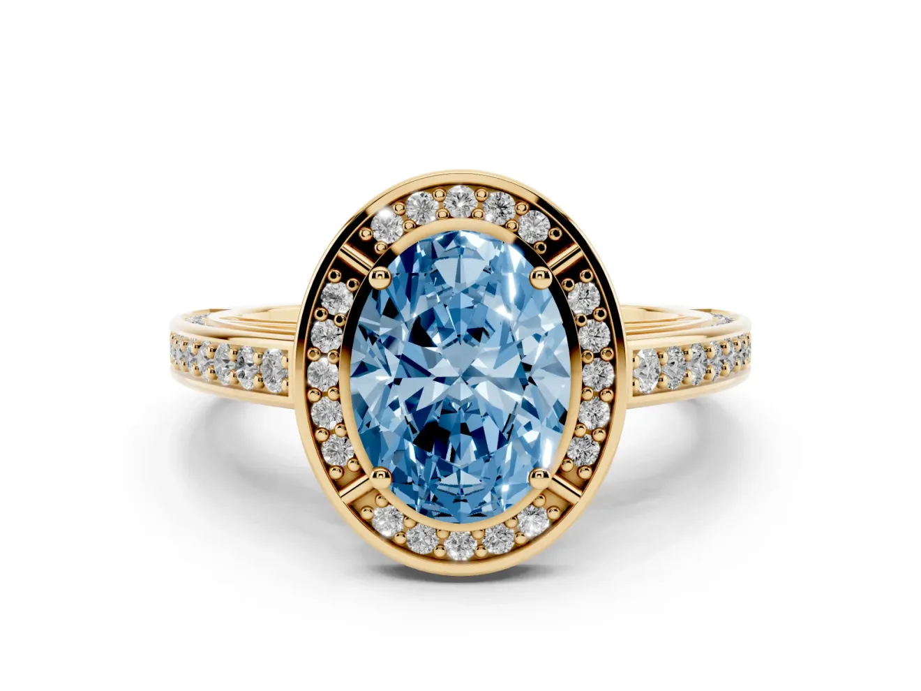 Fancy Blue Oval Cut Diamond Halo Pavé Split Shank Ring Set in Yellow gold with Prong Setting