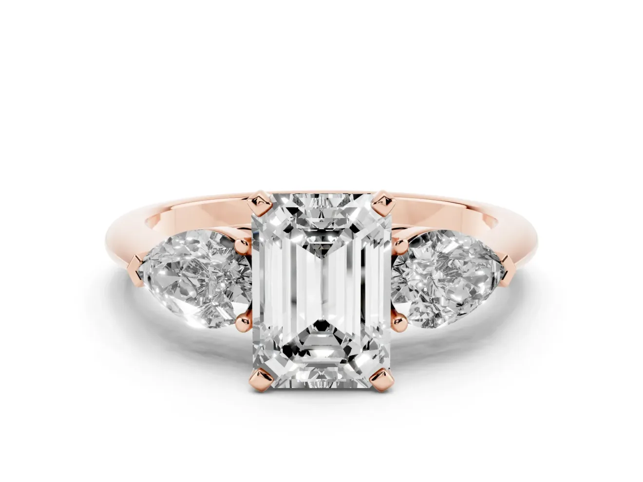 Emerald Cut Three-Stone Engagement Ring Setting | Pear Side Stones | Rose Gold