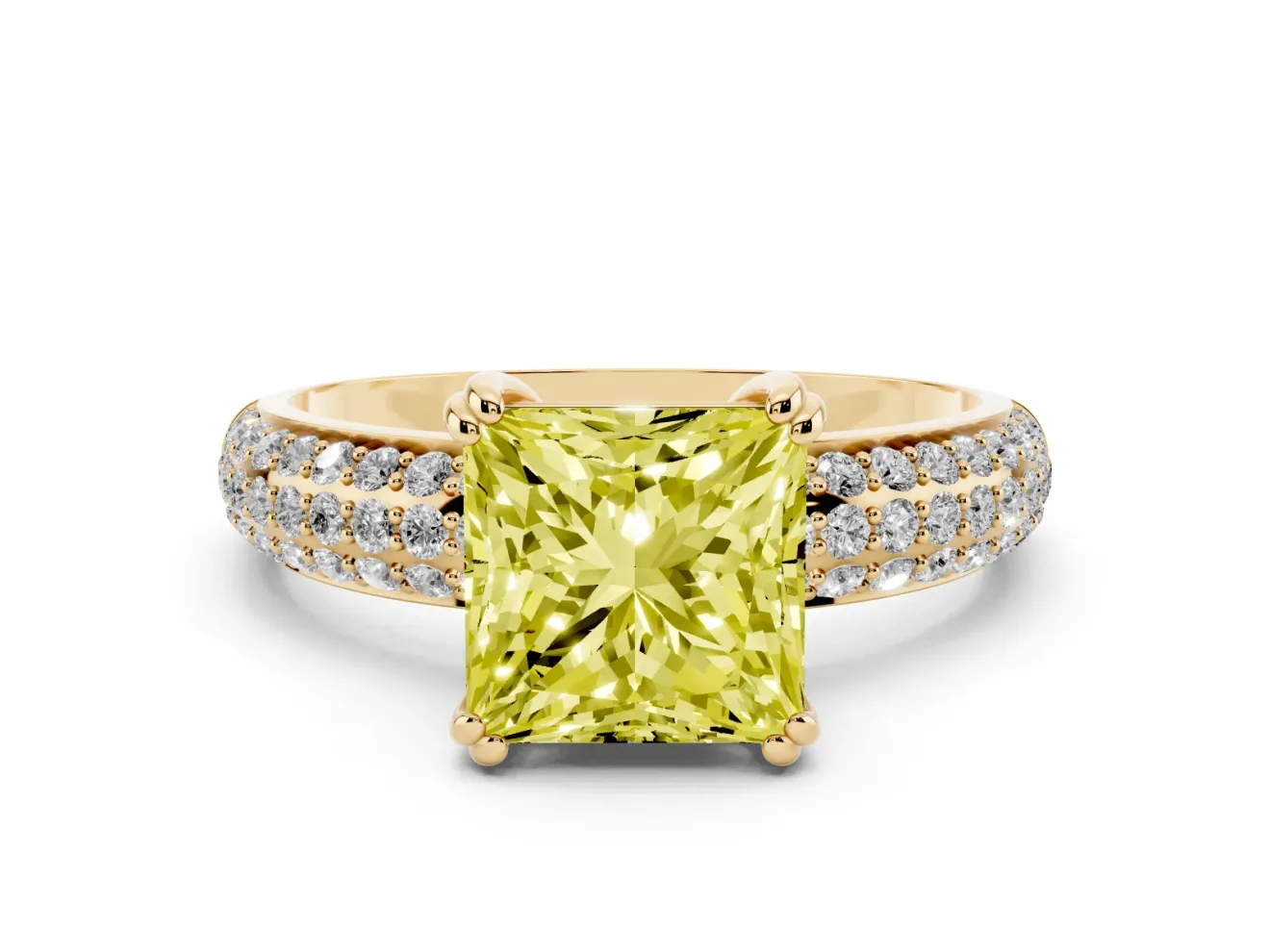 Princess Cut Three Row Pave Engagement Ring Setting for a Fancy Yellow Lab-Grown Diamond | Double Claws | Yellow Gold