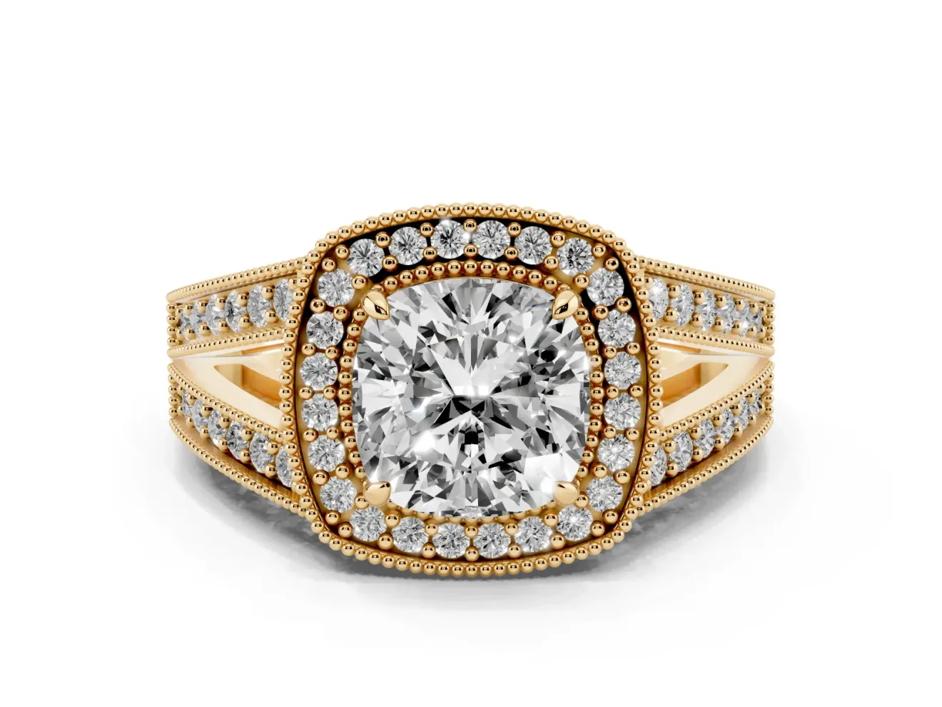 Cushion Cut Vintage Milgrain Halo Engagement Ring Setting | Pave Split Shank | Yellow Gold