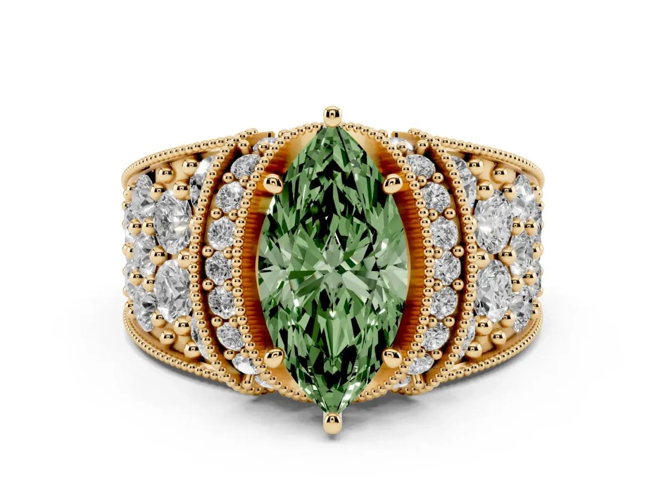 Marquise Vintage Pave Engagement Ring Setting for a Fancy Green Lab-Grown Diamond | Milgrain Edges | Yellow Gold