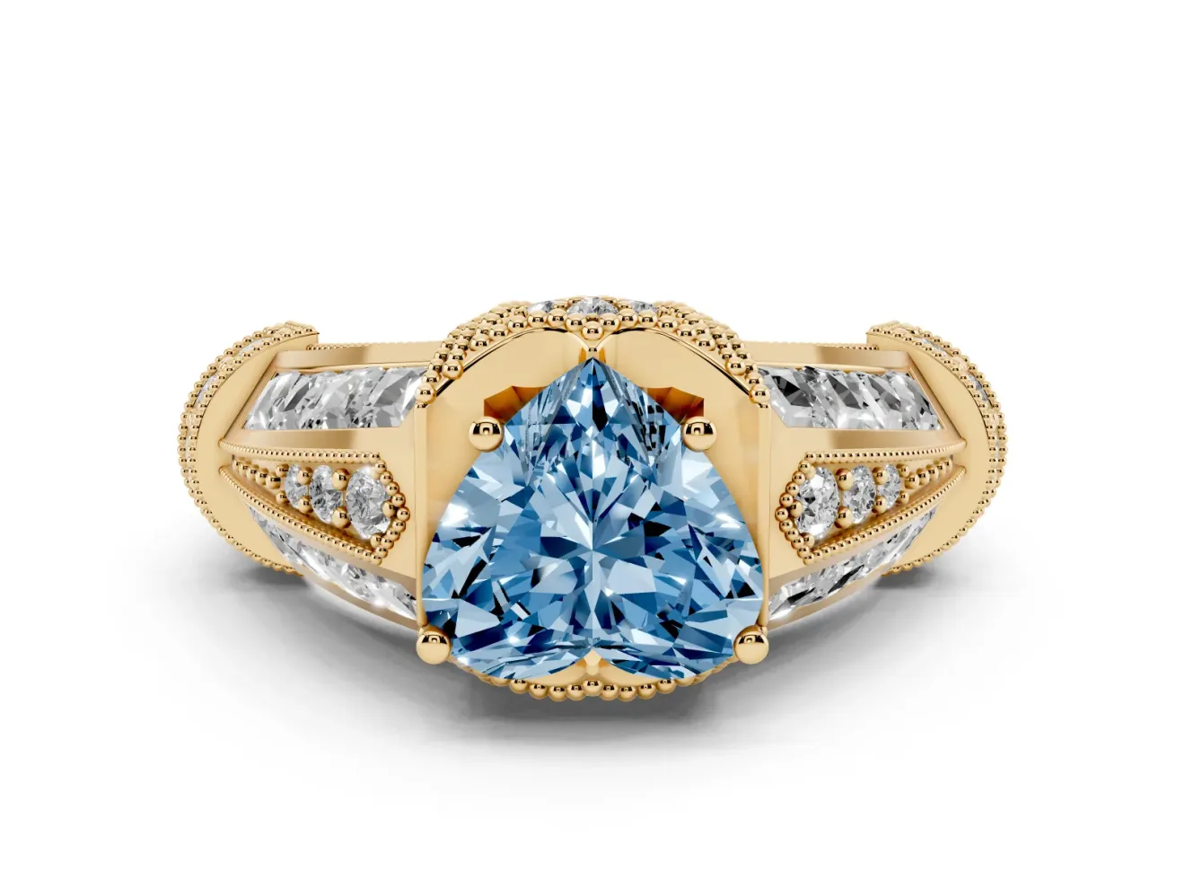 Fancy Blue Heart Cut Diamond Vintage-Inspired Milgrain Ring Set in Yellow gold with Accent Split Shank