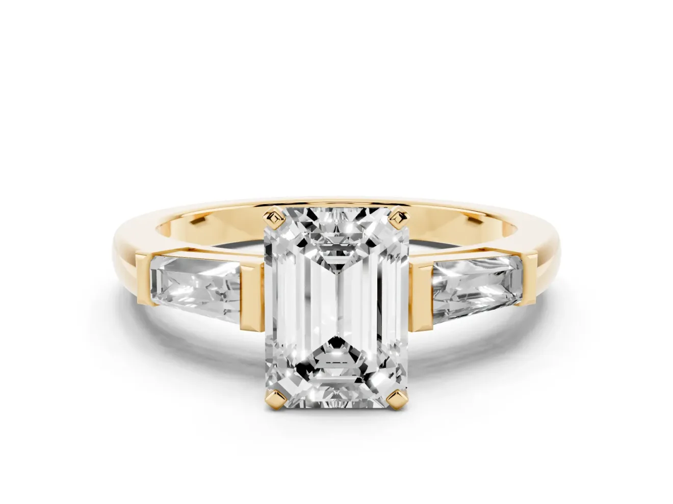 Emerald Cut Three Stone Engagement Ring Setting | Tapered Baguettes | Yellow Gold