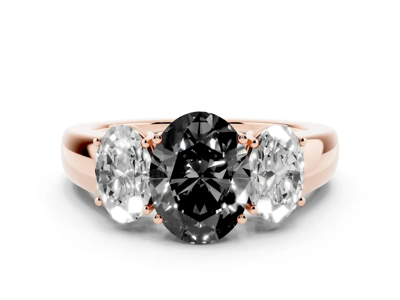 Fancy Black Three-Stone Oval Cut Diamond Ring Set in Rose gold with Matching Prong Settings and Plain Band