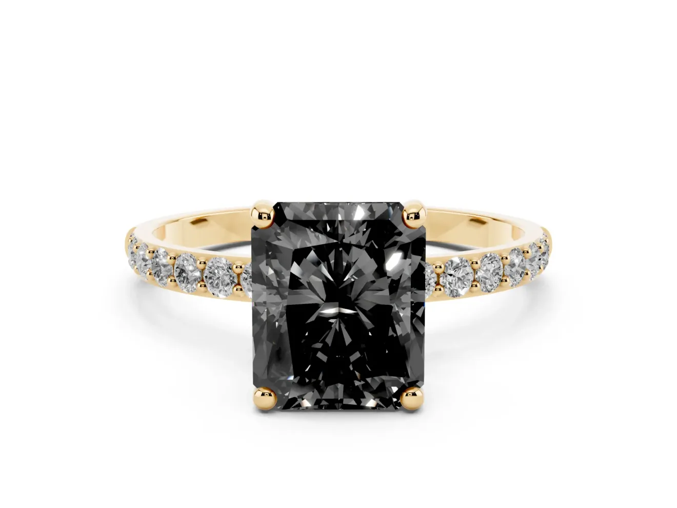 Fancy Black Radiant Cut Diamond Solitaire Ring Set in Yellow gold with Round Pavé Band and Prong Setting