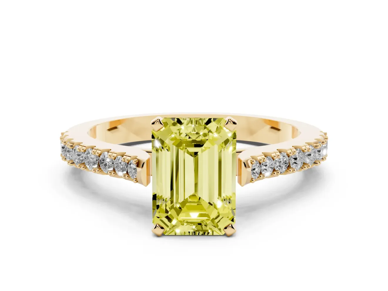 Fancy Yellow Emerald Cut Diamond Solitaire Engagement Ring Set in Yellow gold with Delicate Pavé Band and Prong Setting