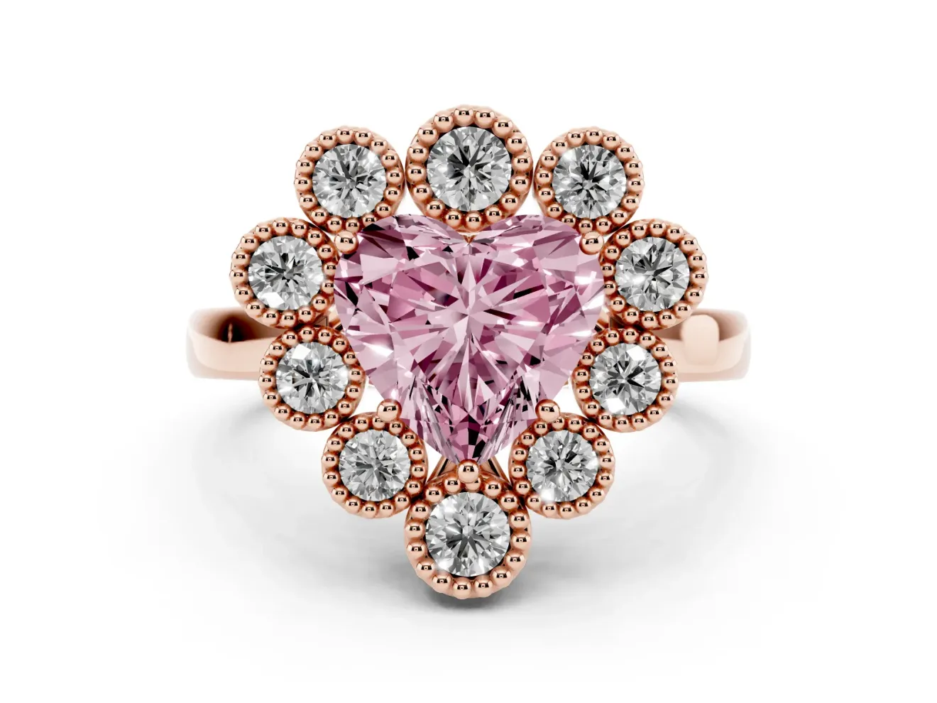 Heart-Shaped Milgrain Cluster Halo Engagement Ring Setting for a Fancy Pink Lab-Grown Diamond | Plain Band | Rose Gold
