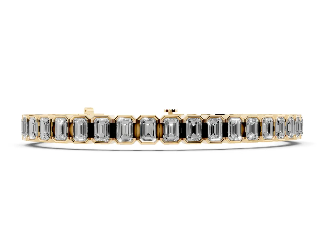Emerald Cut Lab-Grown Diamond Bezel Tennis Bracelet | Grooved Hinge Links | Yellow Gold