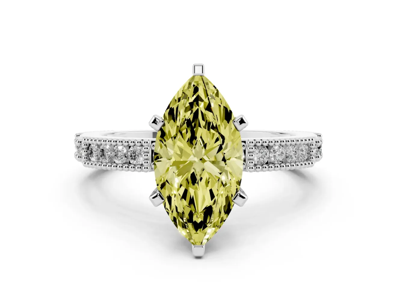 Fancy Yellow Marquise Cut Diamond Solitaire Ring Set in Silver with Slim Pavé Band and Prong Setting