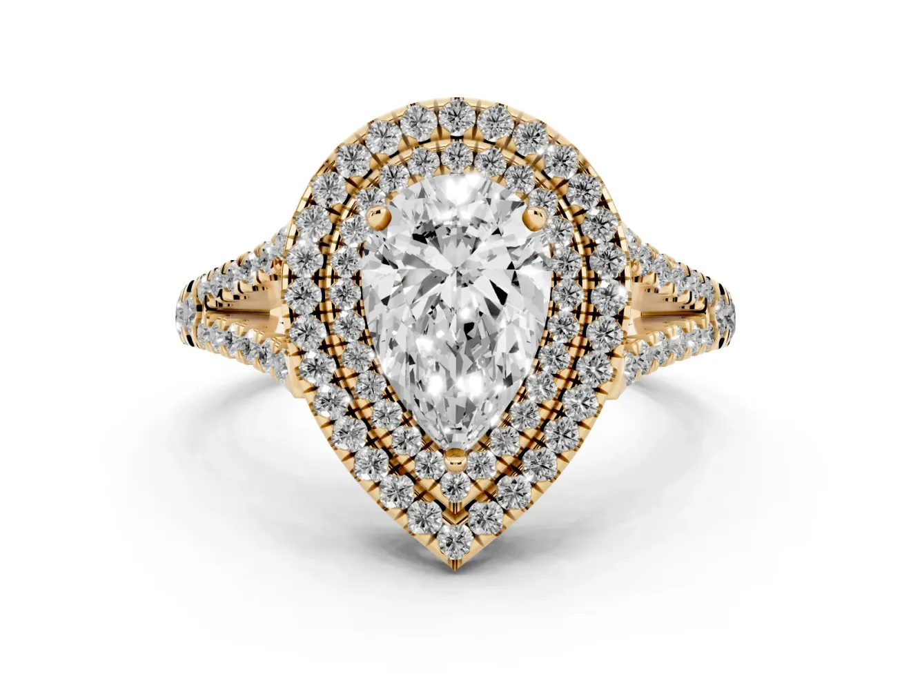 Pear-Shaped Double Halo Split Shank Engagement Ring Setting | Pavé Shoulders | Yellow Gold
