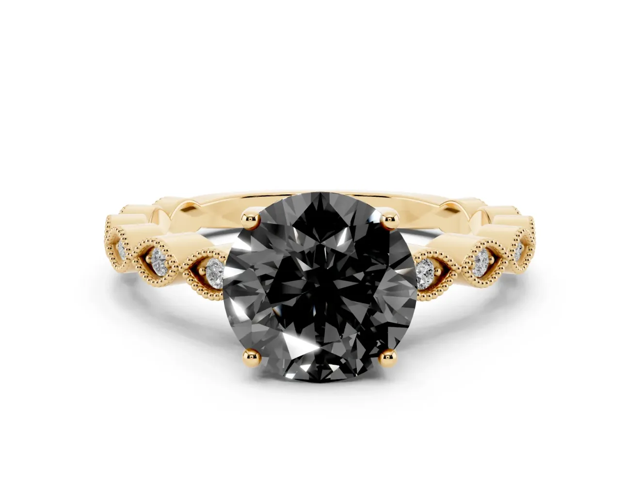 Fancy Black Round Cut Diamond Solitaire Ring Set in Yellow gold with Infinity Twist Pavé Band