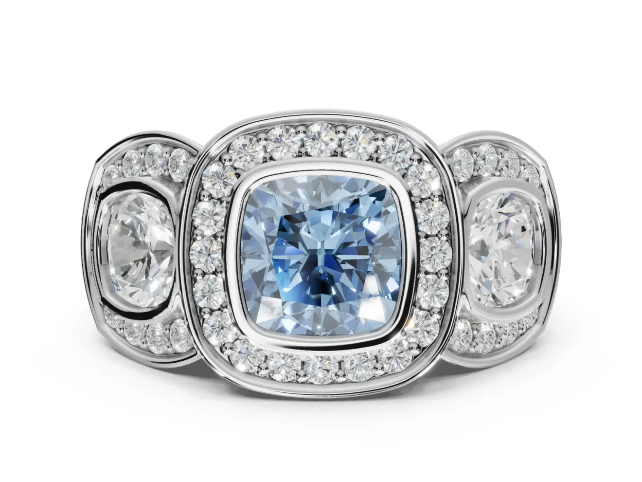 Cushion Cut Three Stone Halo Engagement Ring Setting for a Fancy Blue Lab-Grown Diamond | White Gold