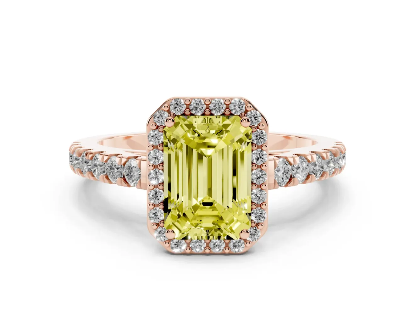 Emerald Cut Halo Pavé Engagement Ring Setting for a Fancy Yellow Lab-Grown Diamond | Rose Gold