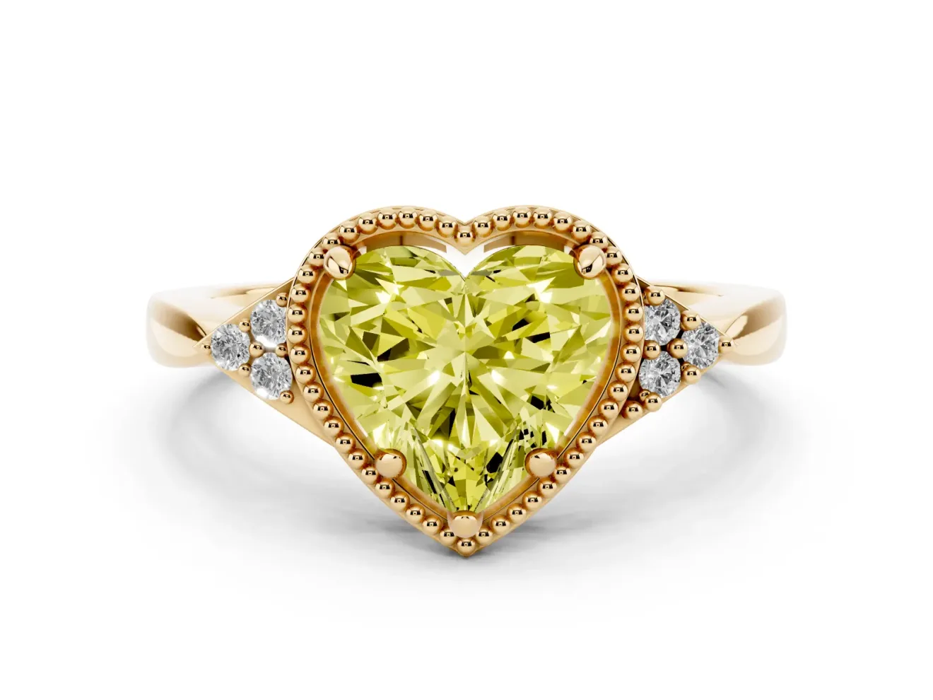 Fancy Yellow Heart Cut Diamond Milgrain Solitaire Ring Set in Yellow gold with Tapered Pavé Band and Prong Setting