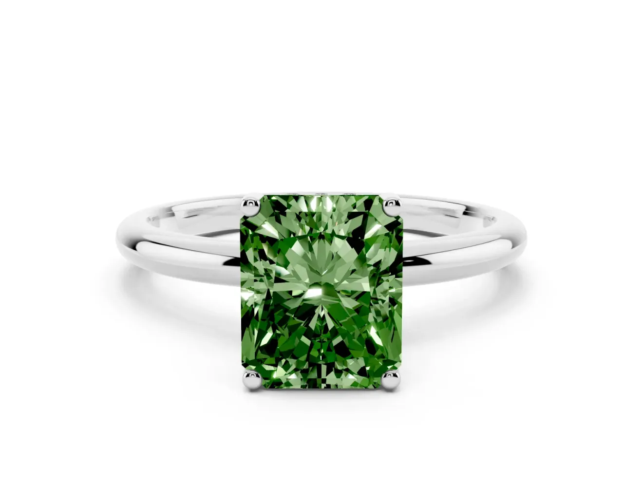 Fancy Green Radiant Cut Diamond Solitaire Engagement Ring Set in Platinum with Prong Setting and Polished Band