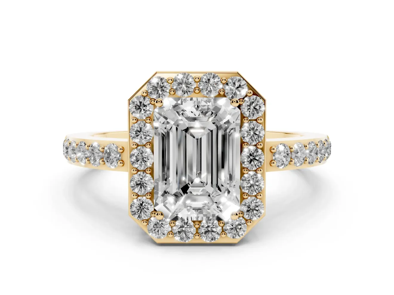 Emerald Cut Diamond Halo Ring Set in Yellow gold with Pavé-Setting Band and Open Prong Center