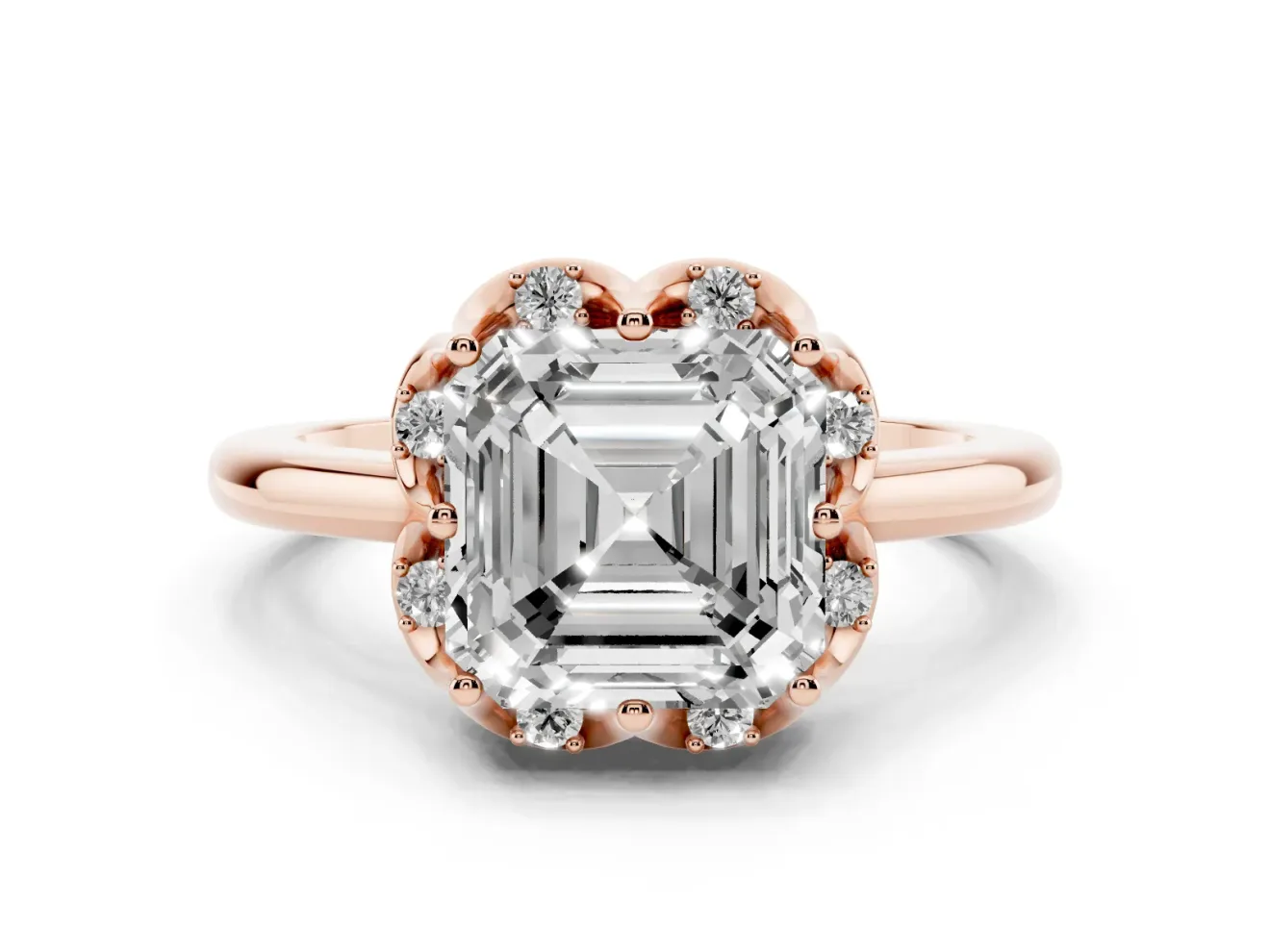 Asscher Cut Scalloped Petal Halo Engagement Ring Setting | Plain Band | Rose Gold