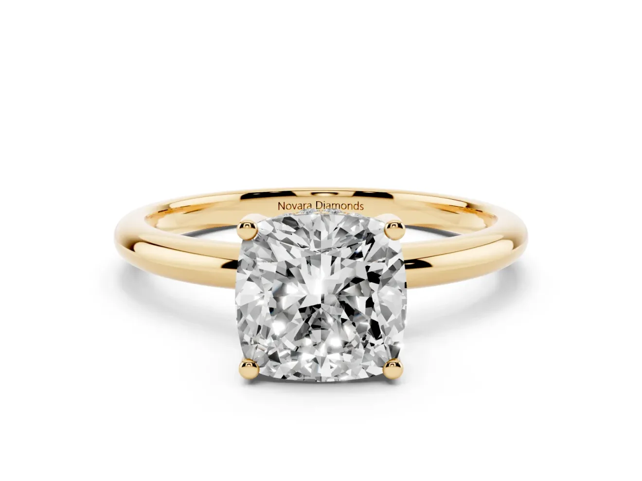 Cushion Cut Diamond Solitaire Engagement Ring Set in Yellow gold with Prong Setting and Polished Band