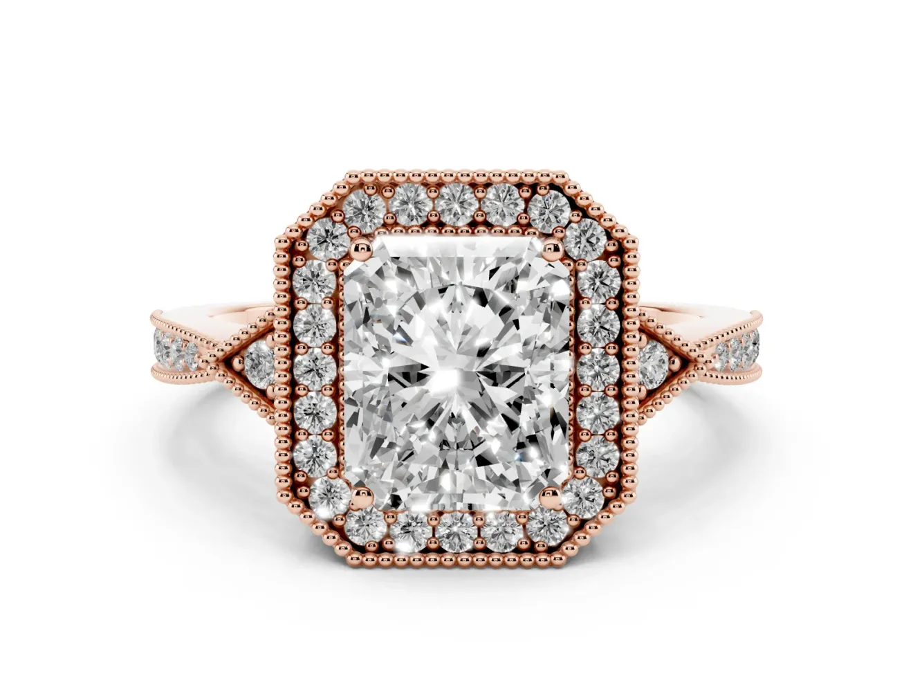 Radiant Cut Diamond Halo Engagement Ring Set in Rose gold with Milgrain Pavé Band