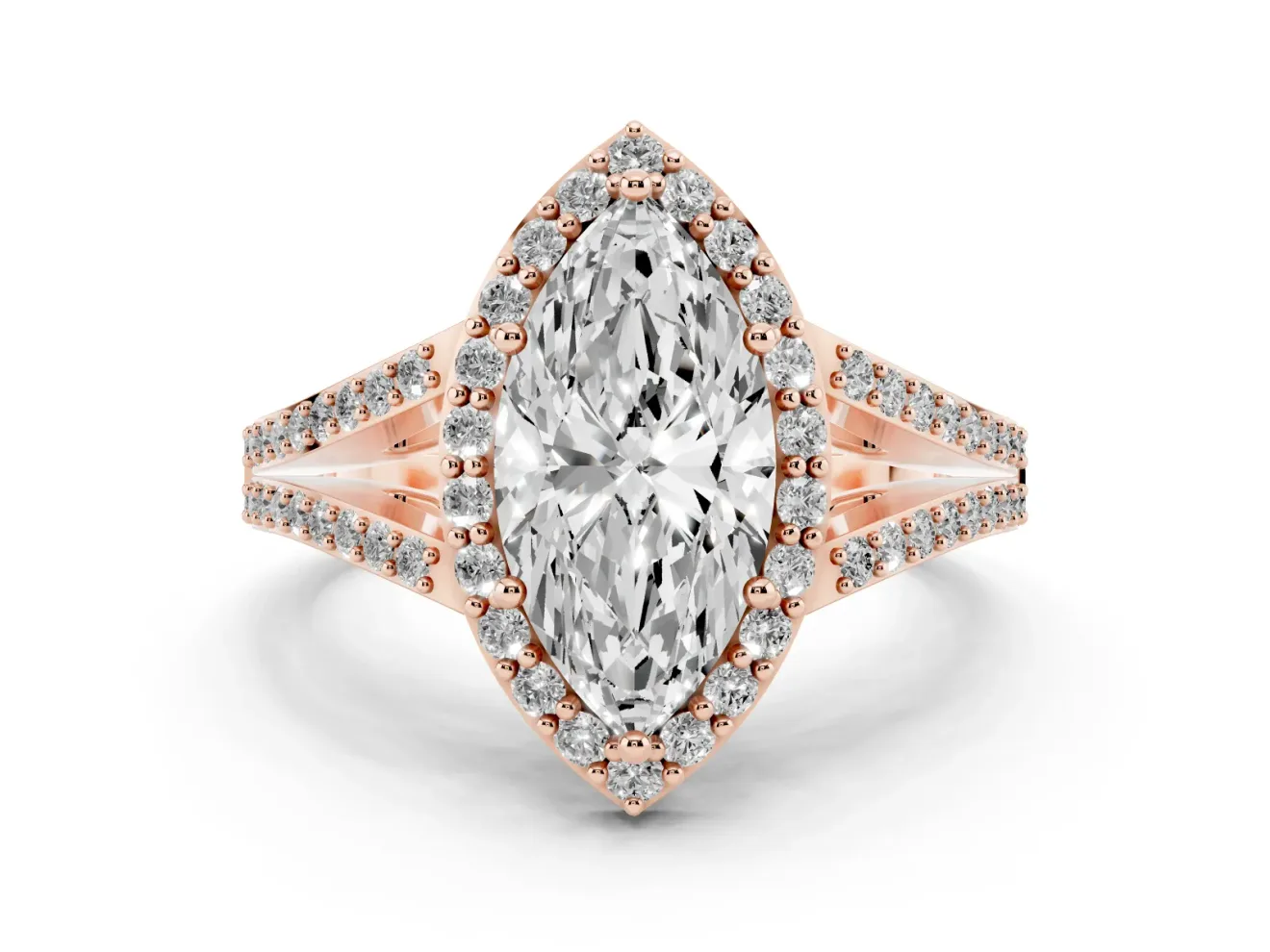 Marquise Halo Engagement Ring Setting | V-Split Pavé Band | Rose Gold