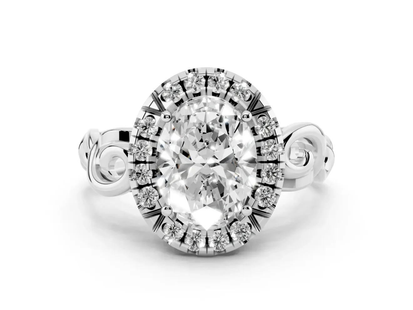 Oval Cut Diamond Halo Ring Set in White gold with Scrollwork Band and Prong Setting
