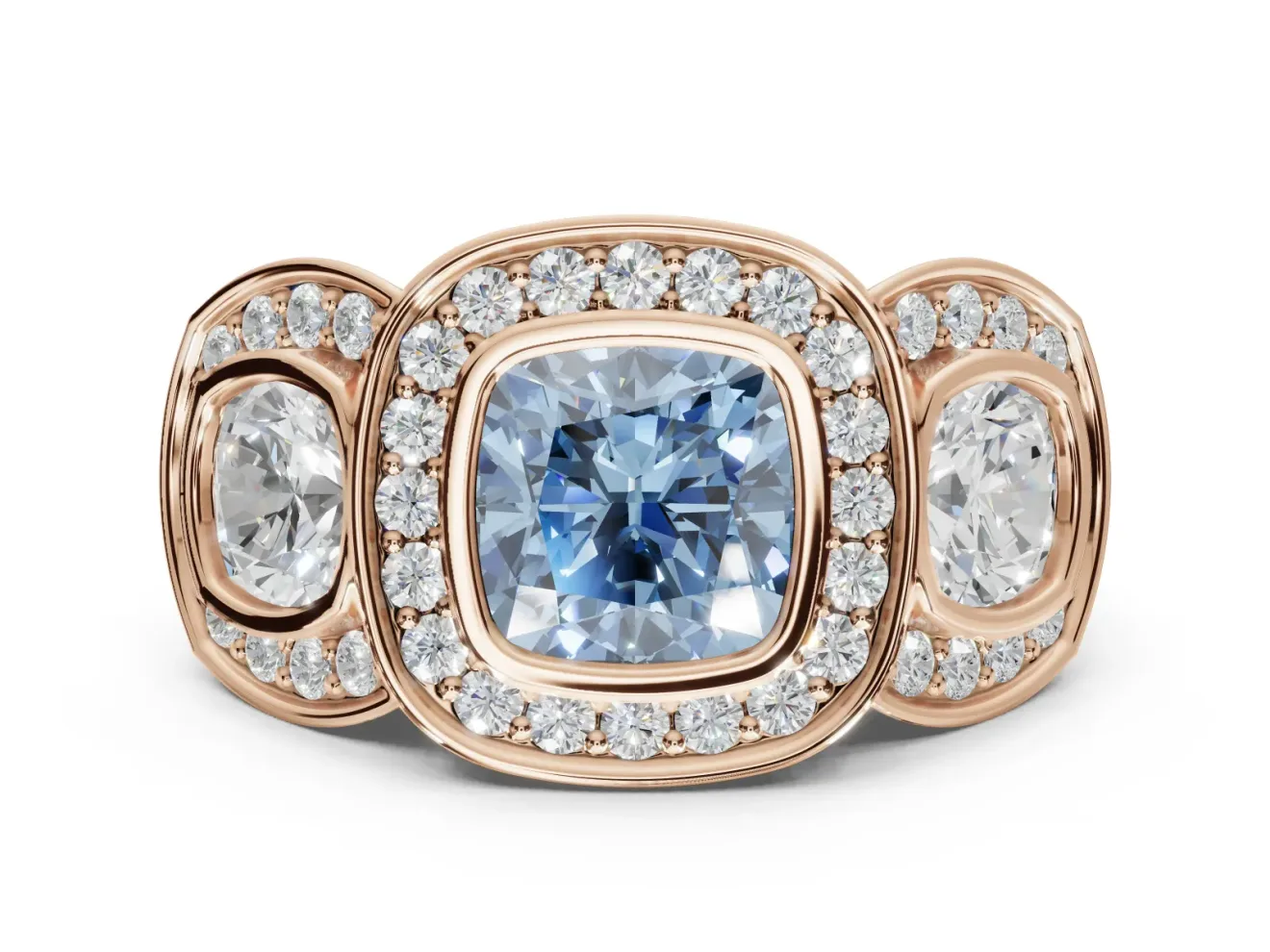 Cushion Cut Three Stone Halo Engagement Ring Setting for a Fancy Blue Lab-Grown Diamond | Rose Gold