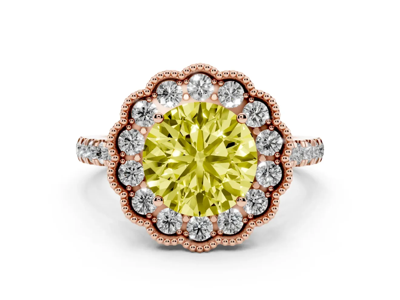 Fancy Yellow Round Cut Diamond Milgrain Floral Halo Engagement Ring Set in Rose gold with Pavé Band