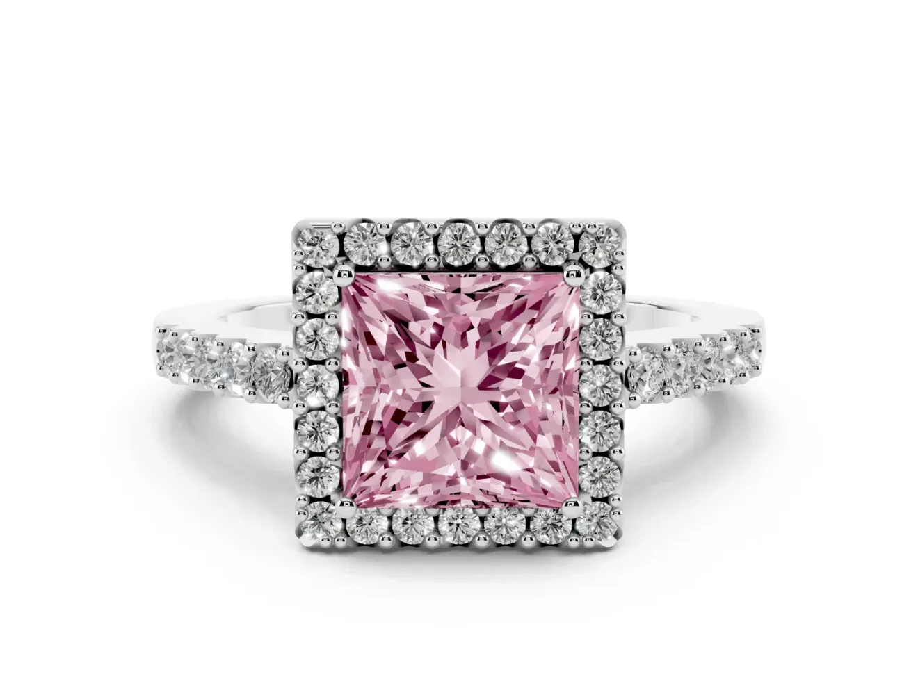 Princess Cut Halo Engagement Ring Setting for a Fancy Pink Lab-Grown Diamond | Single Row Pavé Band | Platinum