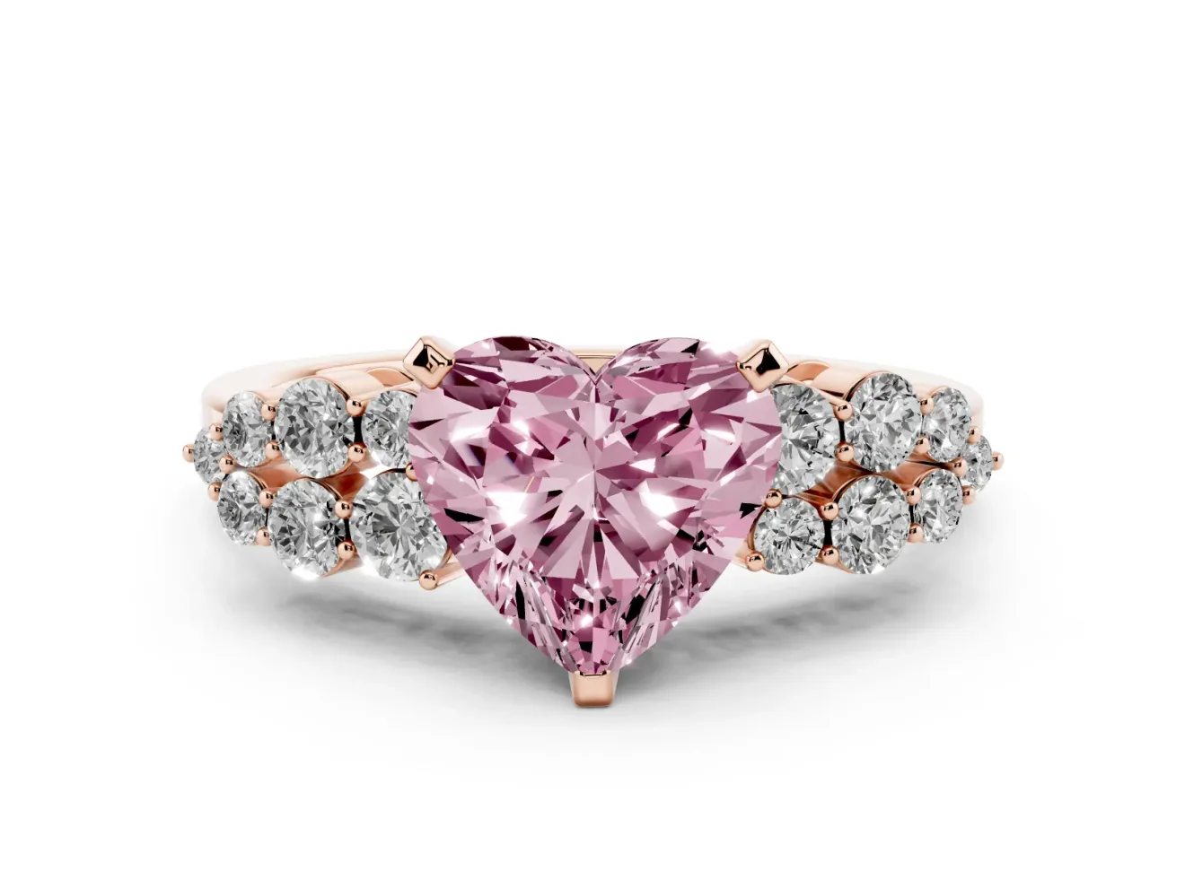 Fancy Pink Heart Cut Diamond Cluster Engagement Ring Set in Rose gold with Pavé Band and Prong Setting
