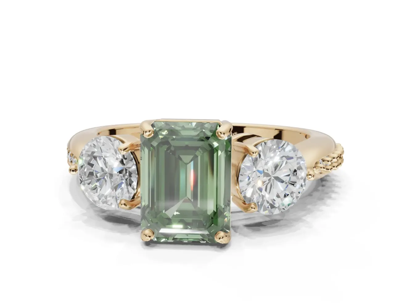 Emerald Cut Three Stone Engagement Ring Setting for a Fancy Green Lab-Grown Diamond | Tapered Pave Band | Yellow Gold