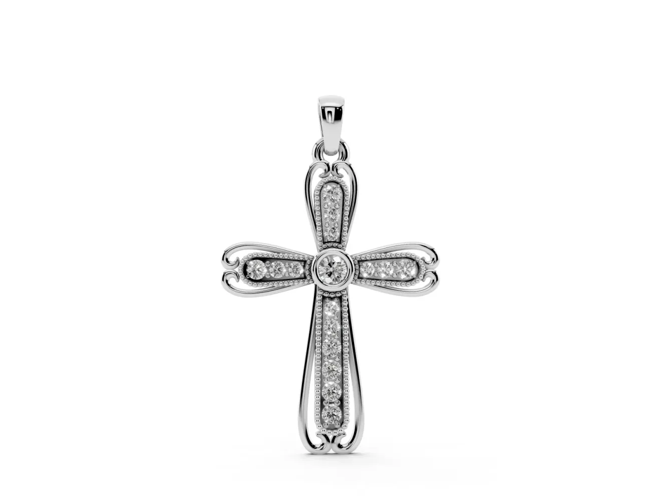 Round Lab-Grown Diamond Bezel Milgrain Cross Pendant Necklace | Scrolled Outline | Sterling Silver