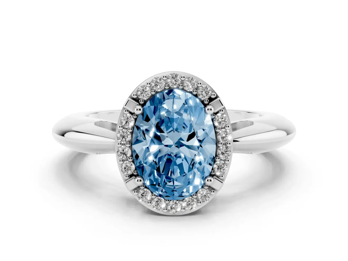Fancy Blue Oval Cut Diamond Halo Engagement Ring Set in Silver with Plain Split Shank and Prong Setting