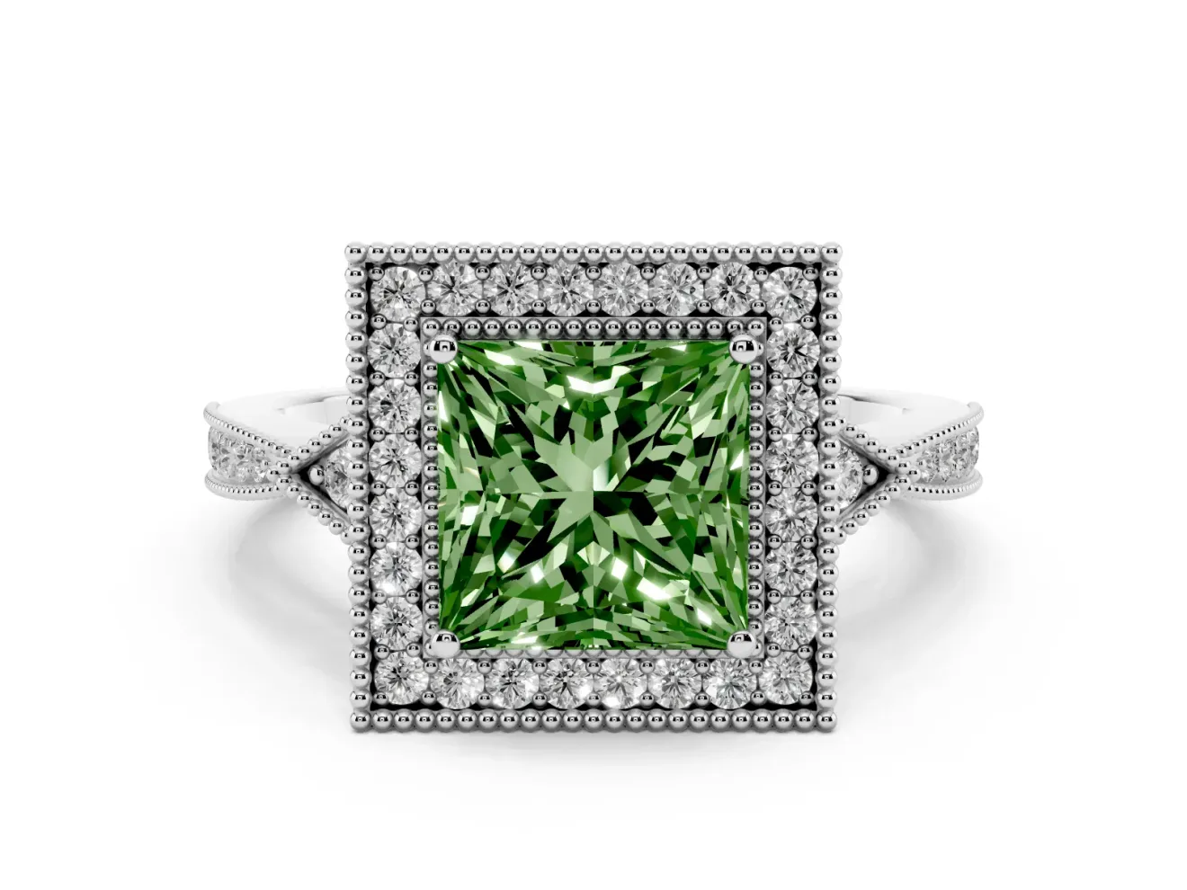 Fancy Green Princess Cut Diamond Halo Engagement Ring Set in Silver with Milgrain Pavé Band