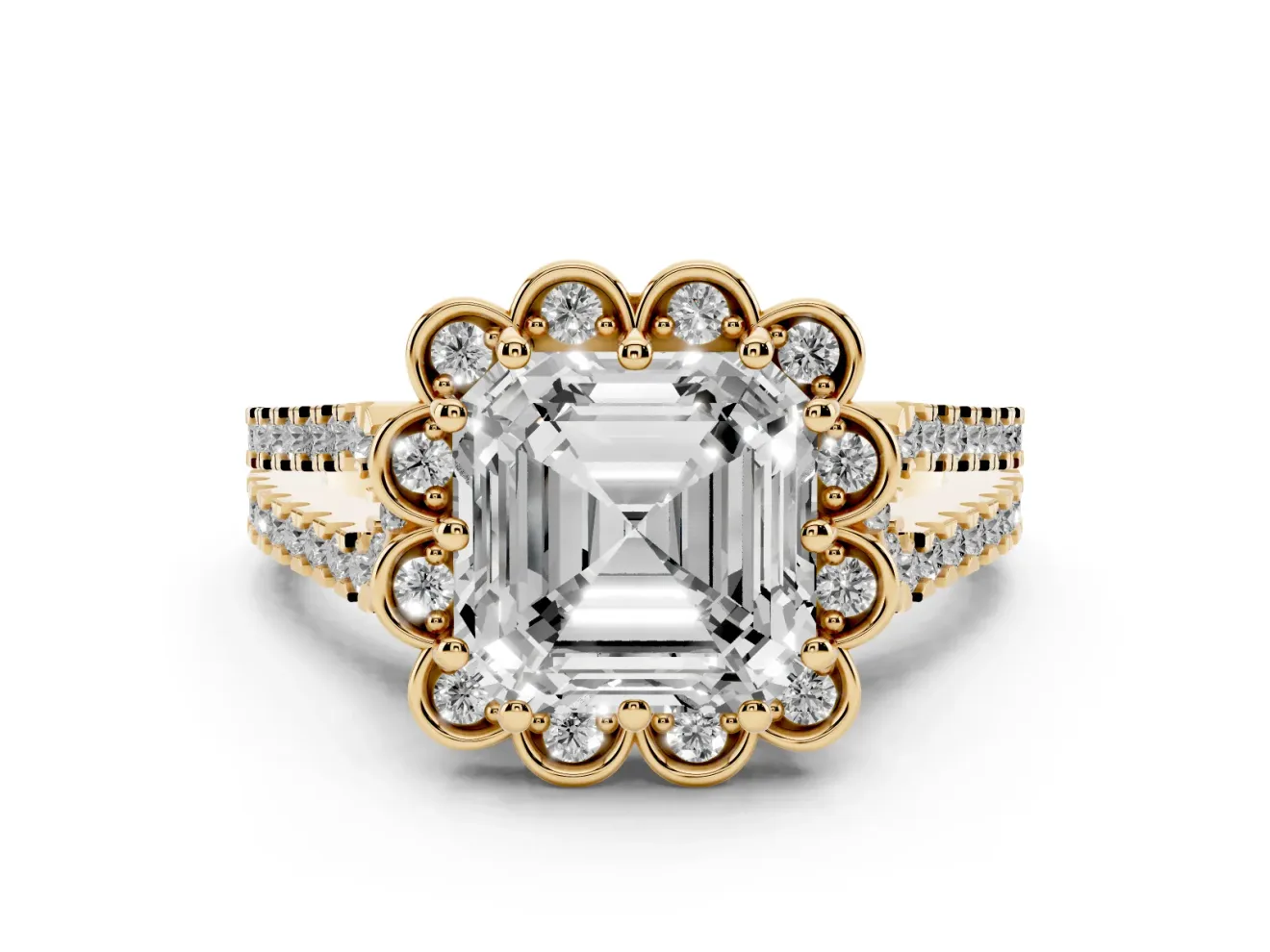 Asscher Cut Petal Frame Floral Halo Engagement Ring Setting | Pavé Split Shank | Yellow Gold
