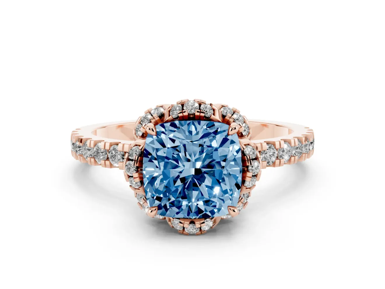 Cushion Cut Floral Petal Halo Engagement Ring Setting for a Fancy Blue Lab-Grown Diamond | Pavé Band | Rose Gold