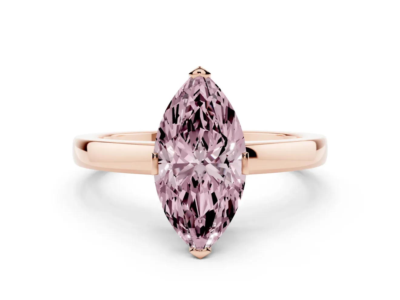 Fancy Pink Marquise Cut Diamond Solitaire Ring Set in Rose gold with Prong Head and Smooth Polished Band