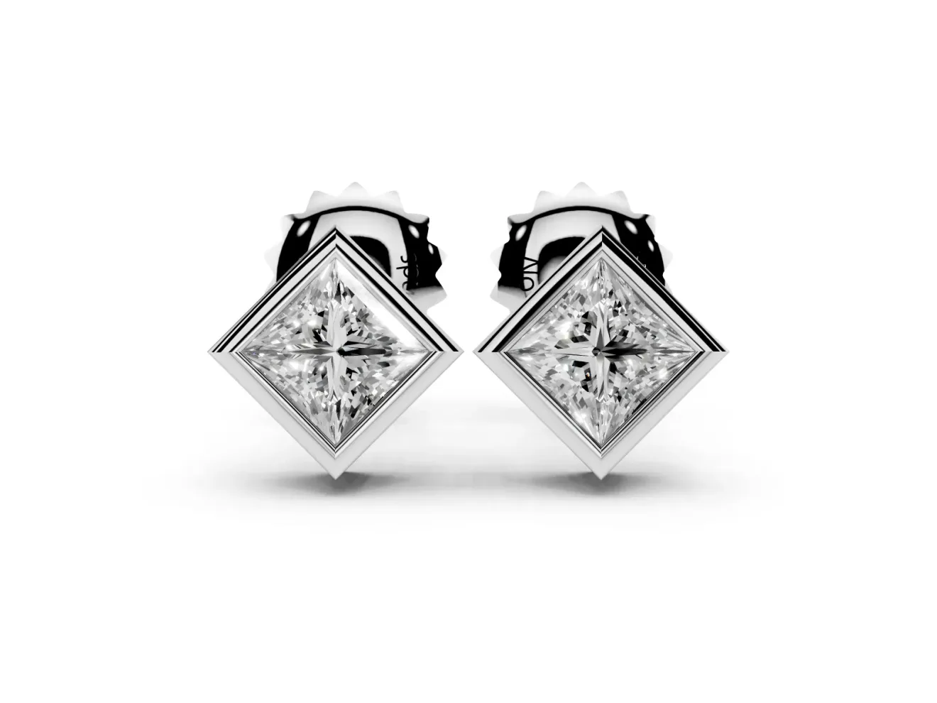 Princess Cut Lab-Grown Diamond Square Bezel Stud Earrings | Stepped Rim | Sterling Silver