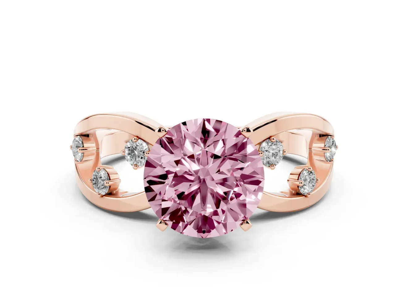 Fancy Pink Round Cut Diamond Solitaire Ring Set in Rose gold with Side Stones on Criss-Cross Band and Prong Setting