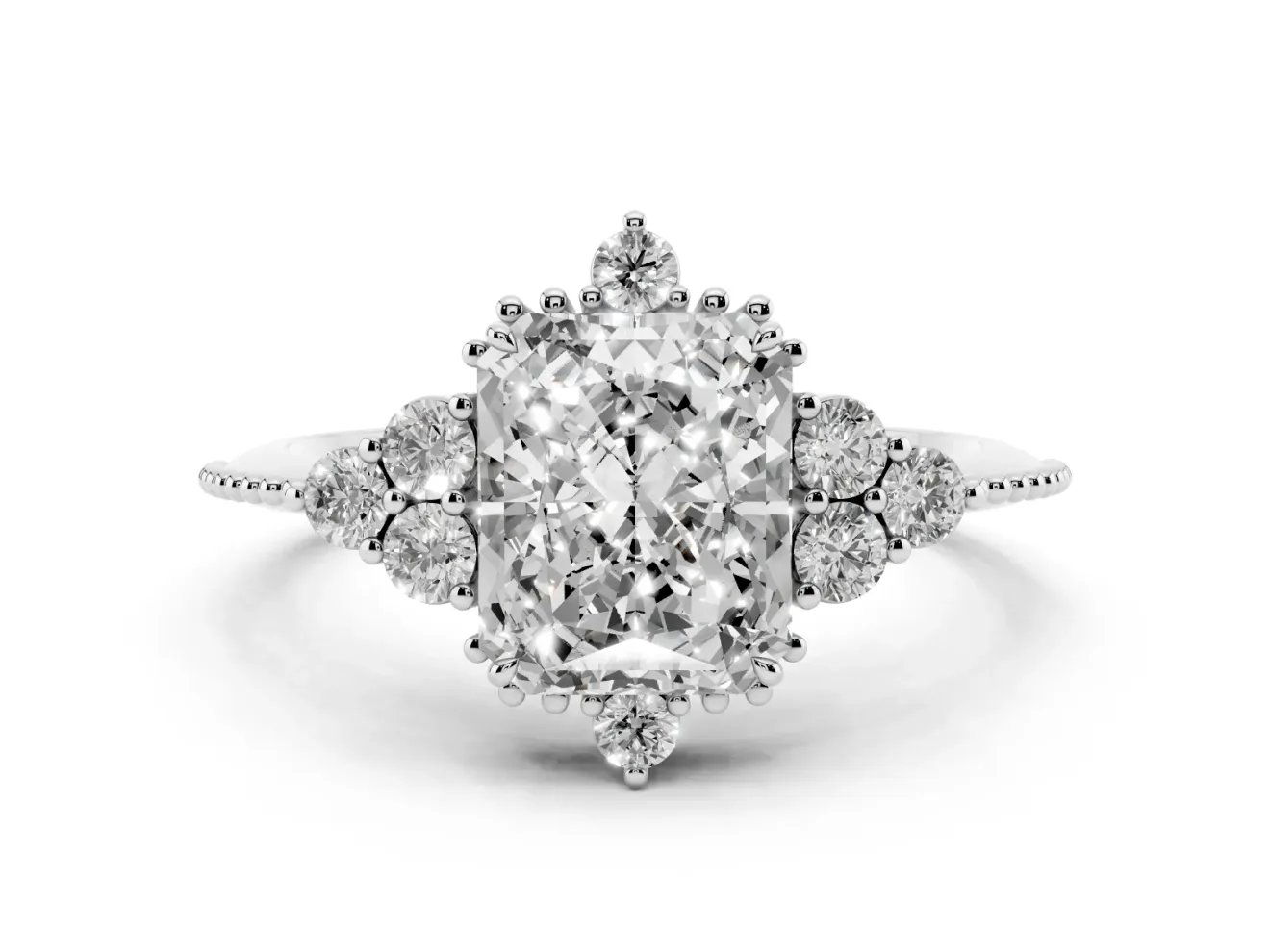 Radiant Cut Vintage Cluster Engagement Ring Setting | Beaded Edges | Platinum