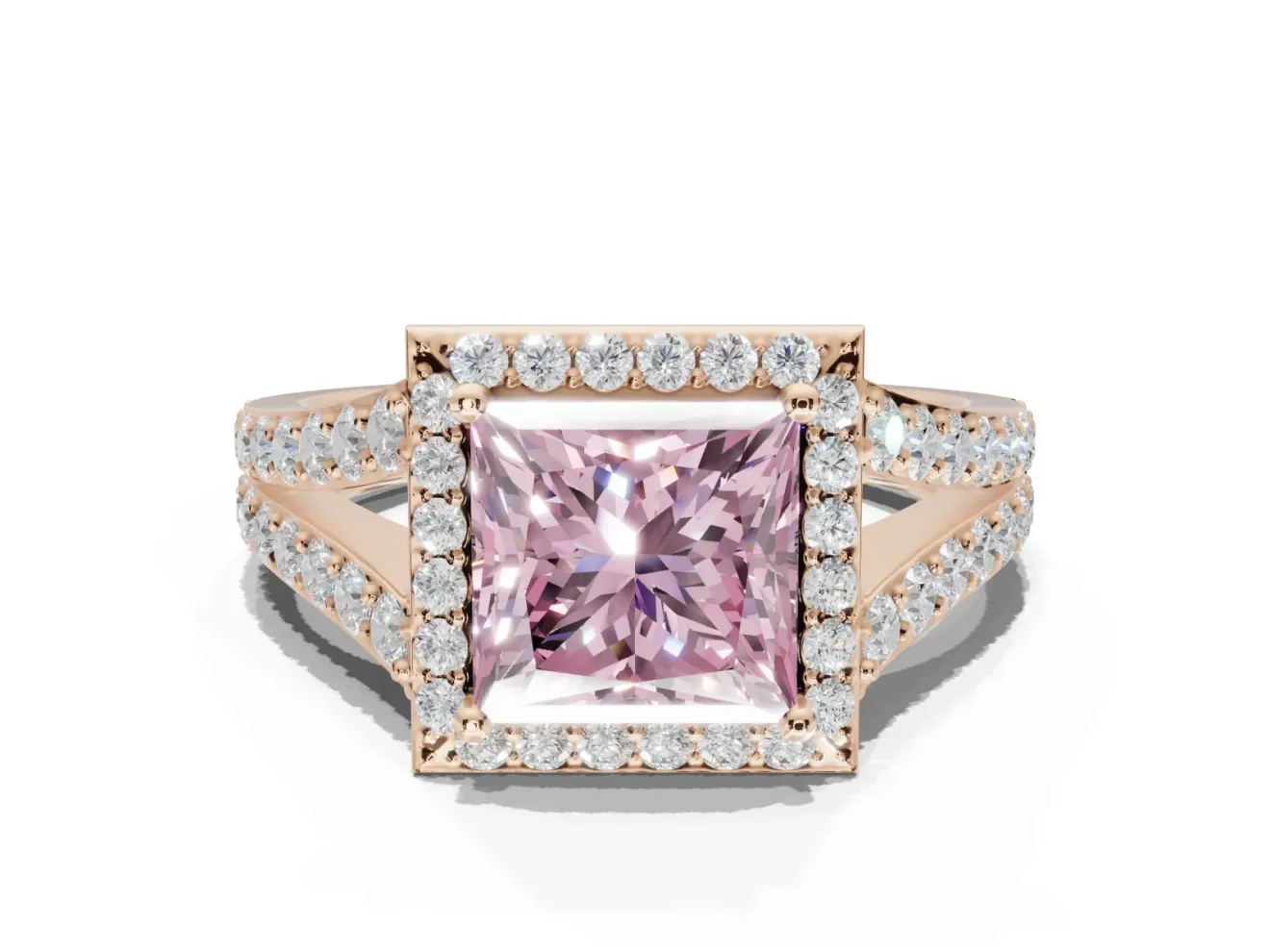 Princess Cut Halo Pavé Engagement Ring Setting for a Fancy Pink Lab-Grown Diamond | Narrow Split Shank | Rose Gold