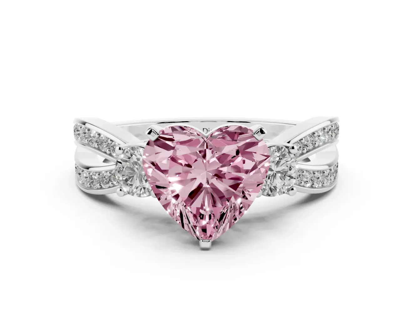 Fancy Pink Three-Stone Heart Cut Diamond Twist Band Ring Set in Platinum with Pavé Accents and Prong Setting