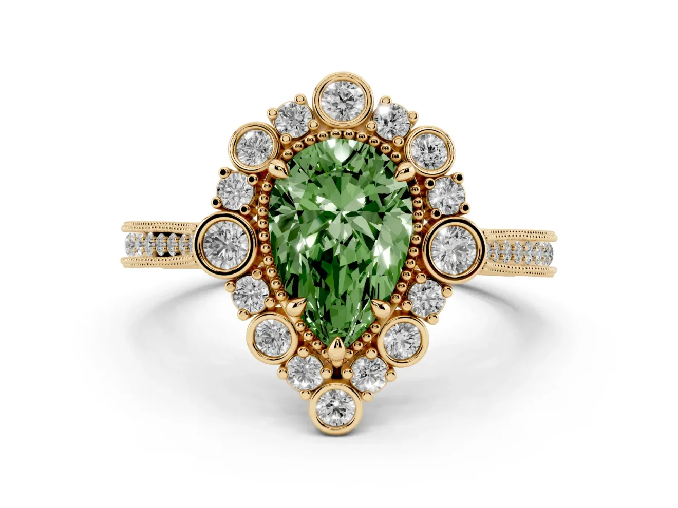 Pear-Shaped Scalloped Halo Engagement Ring Setting for a Fancy Green Lab-Grown Diamond | Milgrain Edges | Yellow Gold